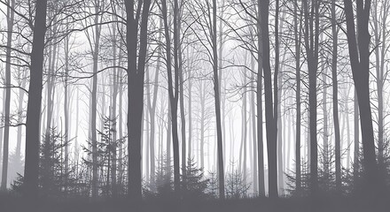 A dense forest with tall, bare trees silhouetted against a foggy, lightcolored background