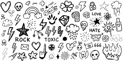 Fototapeta premium Collection of hand drawn black and white doodles featuring skulls hearts lightning bolts stars and music notes
