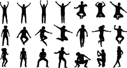 Silhouette, people, dynamic, poses, vector, illustration, jumping, dancing, squatting, expressive, movement, human, form, action, energy, black, white, background,