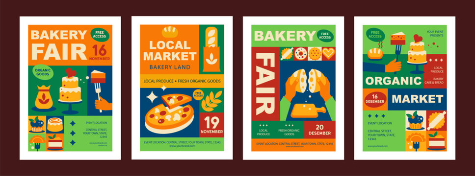 Modern Poster Set for Organic Markets and Bakery Fairs