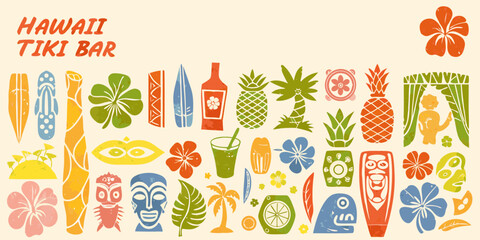Vibrant hawaii tiki bar tropical pattern with surfboards pineapples and flowers © Juel