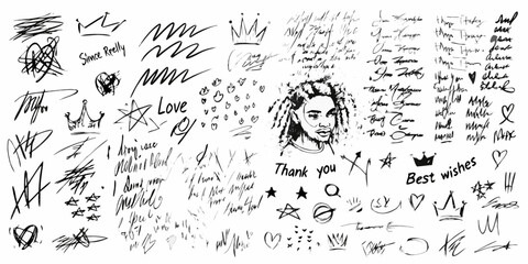 Collection of hand drawn black ink scribbles doodles and illustrations on white background © Juel