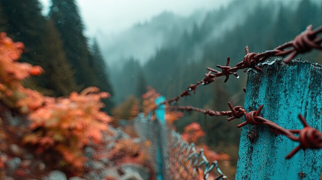 Misty mountain scene, barbed wire fence