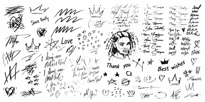 Collection of hand drawn black ink scribbles doodles and illustrations on white background