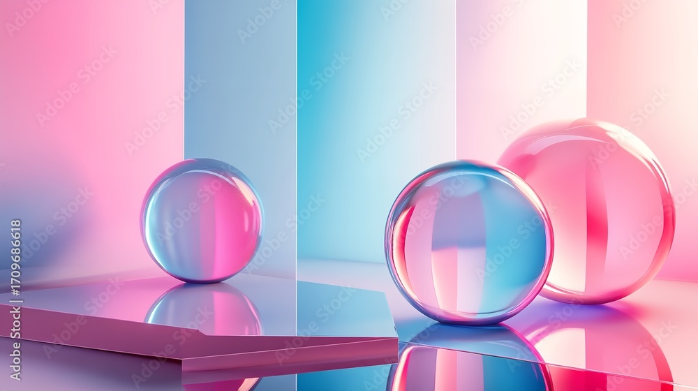 Poster stunning abstract spheres with vibrant pink and blue gradient reflections create a modern clean and 