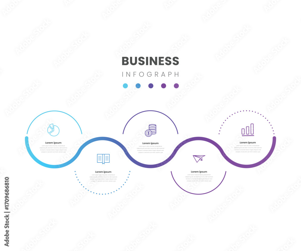 Poster five circle timeline infographic template for business process and corporate data visualization