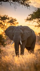 Fototapeta premium Majestic elephant in golden sunset savanna