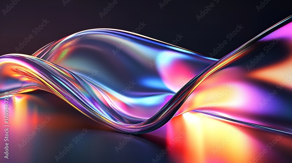 Poster vibrant flowing metallic surface with iridescent rainbow spectrum reflections abstract futuristic de