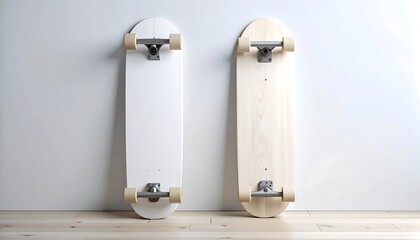 Two Skateboards Leaning Against White Wall  Wooden Floor  Lifestyle  Sports Concept.