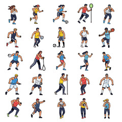 Fototapeta premium Collection of Diverse Cartoon Athletes in Various Sports Poses and Actions.