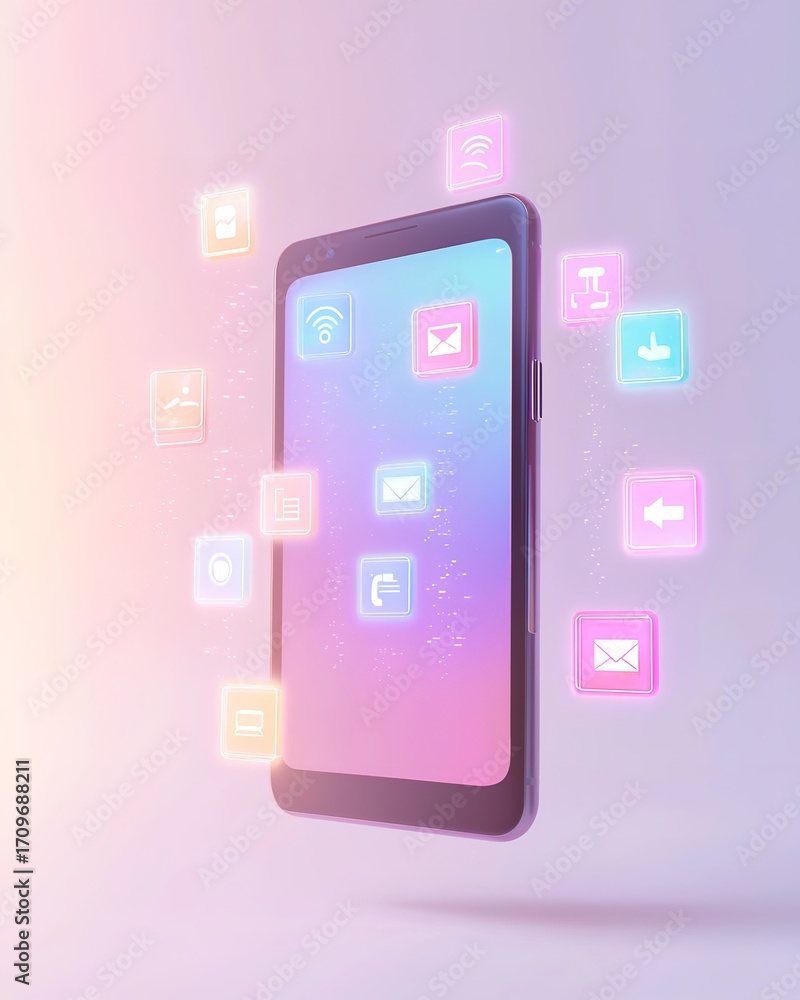 Poster dynamic smartphone interface showcasing vibrant app icons and digital connectivity in a modern glowi