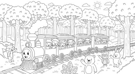Obraz premium Cartoon Train Adventure: Children and Animals in Forest Landscape, Black and White Illustration