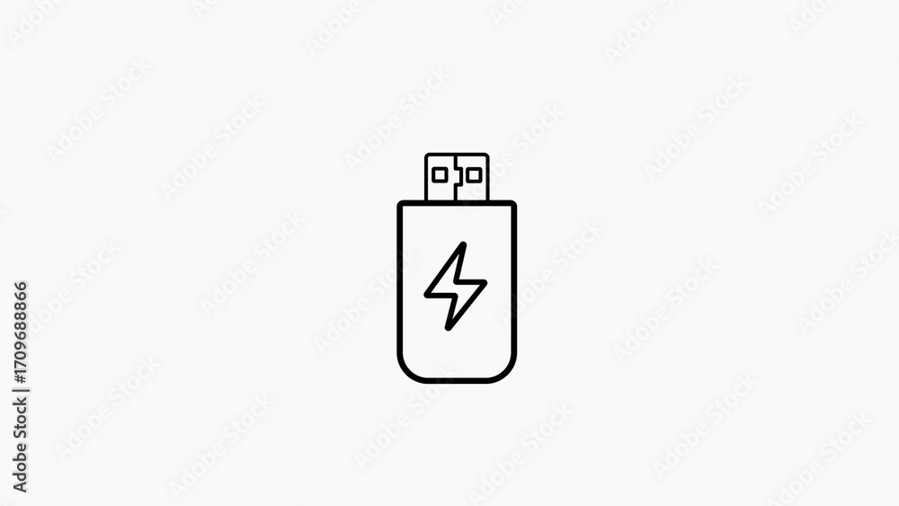 Poster outline icon of usb flash drive with lightning bolt on white background storage data