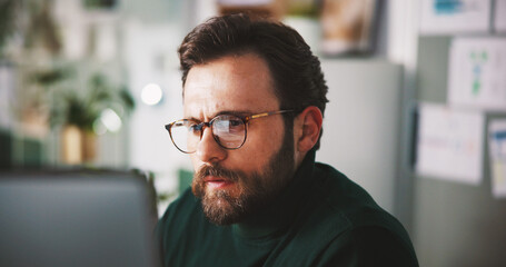 Planning, computer and reading with business man in office for seo research, blog traffic and...