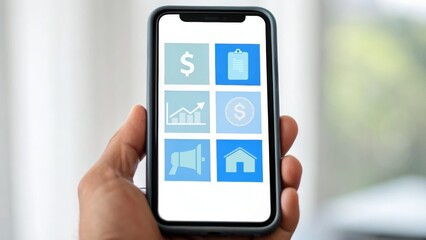A person holding a smartphone displaying various financial and business-related icons.