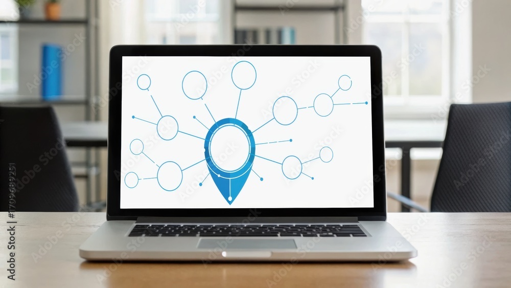 Poster a laptop displaying a network diagram with a central point highlighted, set in a modern workspace.