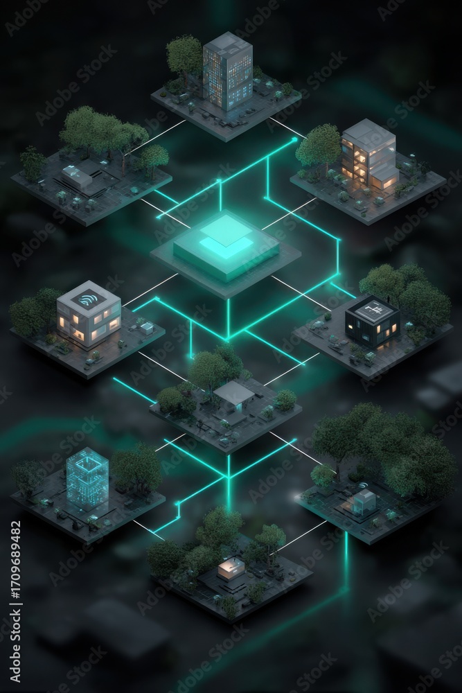 Poster conceptual representation of smart city connected through digital network infrastructure