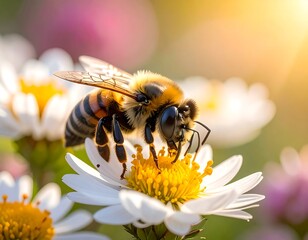 Honeybee on daisy flower in sunlight