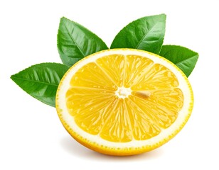 Radiant Lemon Half with Fresh Green Leaves on Pristine White Backdrop
