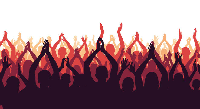 A large crowd of people cheering and clapping with their hands raised.