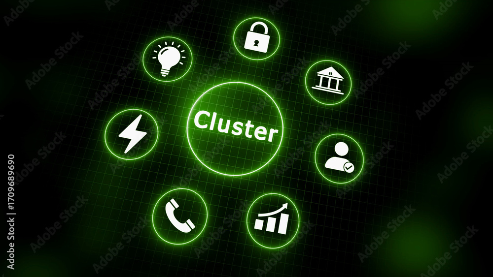 Poster neon green cluster icons in a circle with central text on dark grid background group network