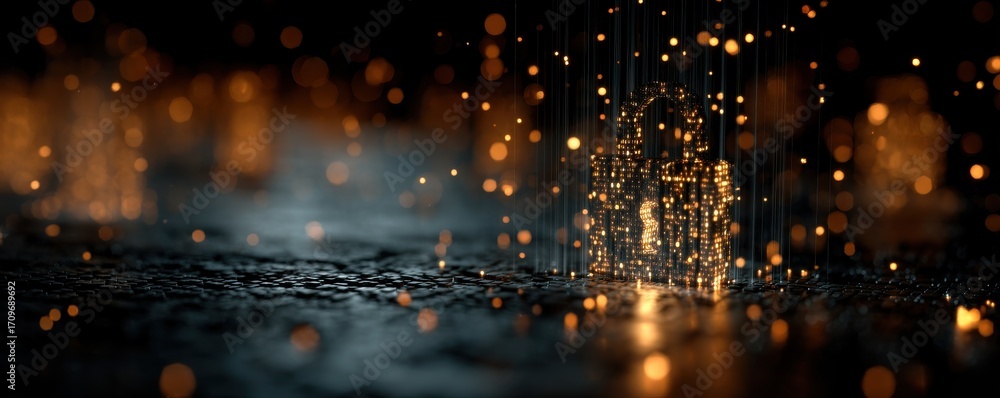Poster digital lock glowing in cyber space representing advanced data security