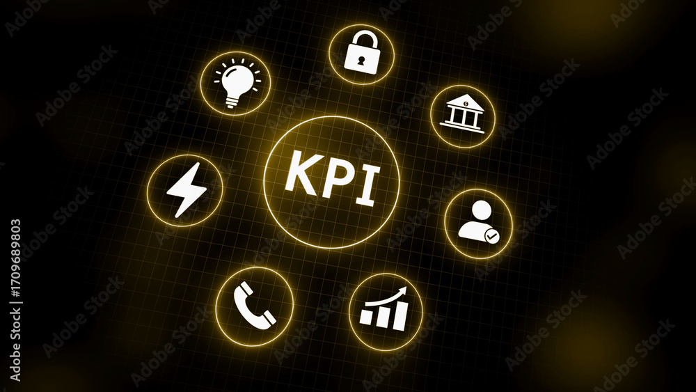 Poster glowing neon kpi icons arranged in a circle around central text on dark grid background key performa