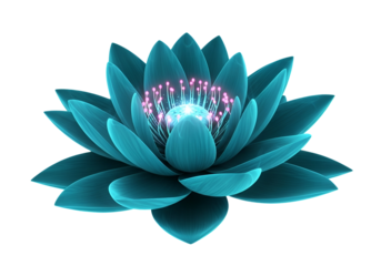 A radiant, teal-colored lotus flower blossoms vibrantly against a stark black background.