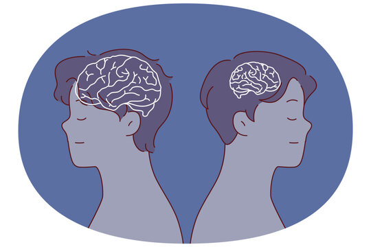 Stupid and smart man stand side by side, with silhouette of brain of different sizes, for concept of differences in people intelligence. Guy with giant brain, thanks to erudition, is next to fool