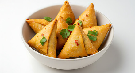 Plate of triangular fried Samosas with golden crust. Spicy potato stuffed pastry appetizer. Traditional Indian tea time snack or party food. Crispy vegetarian street food dumpling close up.