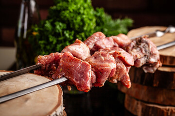Raw marinated pork on skewers for barbecue