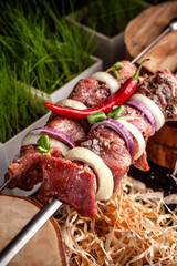 Raw pork skewers with onion and chili pepper