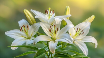 Fototapeta premium Stunning white lilies elegantly blooming against a deep dark green background for striking contrast