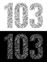 Typography illustration of 103 made from repeating numbers in black and white
