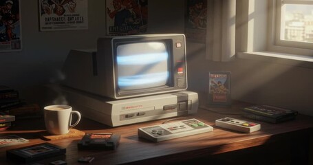 Nostalgic gaming setup with vintage computer and coffee