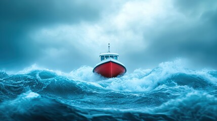 Boat navigating rough waters during a storm, surrounded by large waves and mist.
