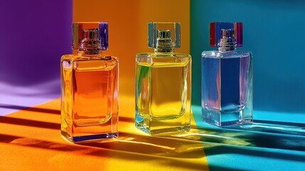 Elegant photo of three glass perfume bottles on colorful background.