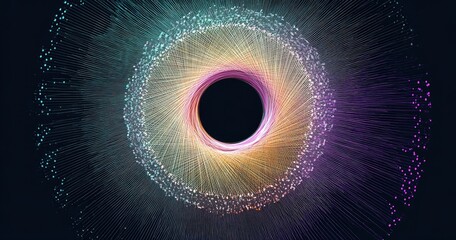 Abstract circular design with radiating lines and dots, vibrant colors on dark background