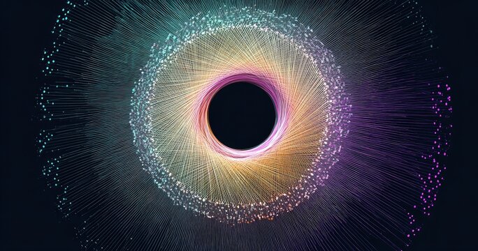 Abstract circular design with radiating lines and dots, vibrant colors on dark background - Powered by Adobe