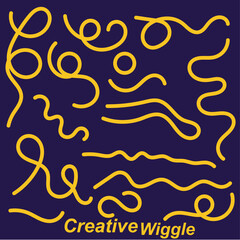 Abstract wiggle illustration in bold yellow on a dark background. Playful curly line strokes forming modern doodle patterns, perfect for posters, creative layouts, and digital artwork.