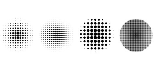 Halftone circle pattern set. Four black circular dot textures, abstract halftone design elements for posters, overlays, backgrounds, scrapbooks and modern decoration.