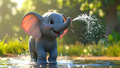Cartoon baby elephant splashing in water, squirting trunk, smiling with nature background