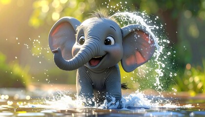 Cartoon baby elephant joyfully splashes in shallow water, backlit by soft sunlight, green foliage background