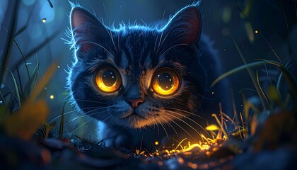 Cute kitten with glowing eyes in a garden, surrounded by foliage