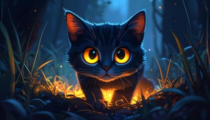 Cute, dark kitten with big orange eyes sits in grass illuminated by magical, warm glow
