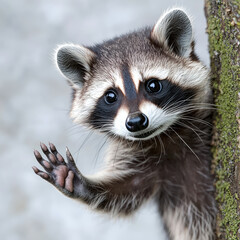 Curious raccoon peeking out from behind tree, showcasing its playful nature and adorable
