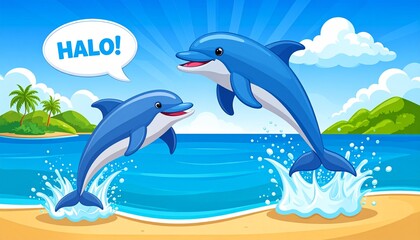 Cartoon dolphins leaping from ocean, "Halo!" speech bubble. Bright & playful scene