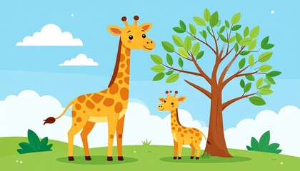 Cartoon giraffe family parent and baby, standing by a tree under a blue sky with clouds