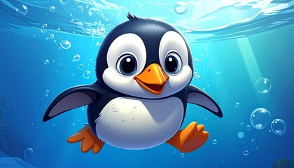 Cartoon penguin swims happily in blue water, bubbles surrounding it, light rays shining through