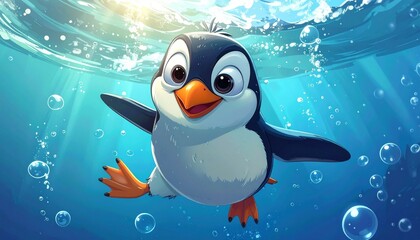 Cute cartoon penguin swims happily underwater with bubbles, bathed in sunlight